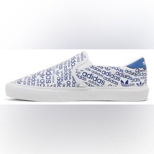 Adidas Court Rallye Allover Print White and Blue Logo Slip On Sneakers size 10.5